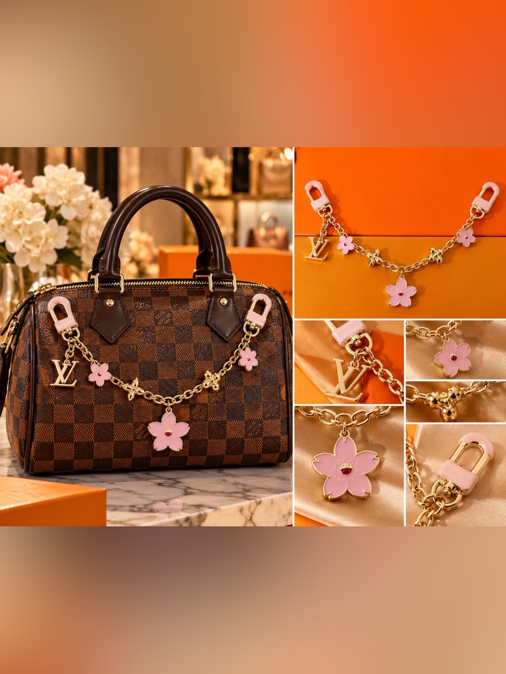Charms flower Sakura pink keychain bag.